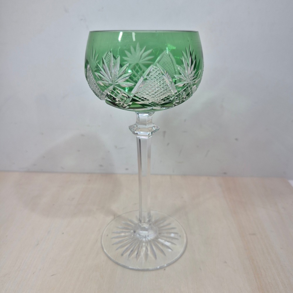 Vintage Emerald Green Cut to Clear Crystal Wine Hock Stemmed Glass 7.5 Inch